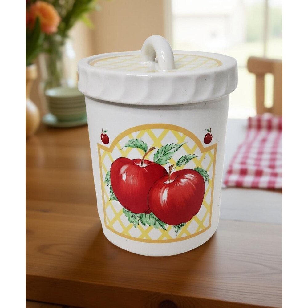 Vintage 1980's Himark French Country Apple Pattern Ceramic Cookie Jar 6.25"Diame